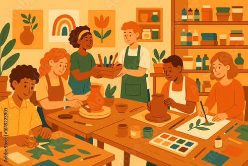 Illustration of People Engaged in a Group Arts and Crafts Class with Pottery, Painting, and Paper Cutting in a Creative Studio