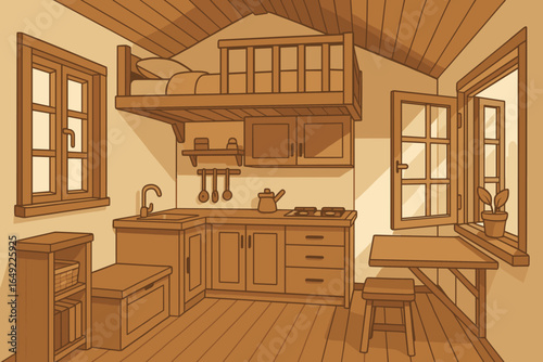 Cozy illustration of tiny house interior with loft bed, compact kitchen, wooden furniture, foldable dining table, open windows, and warm natural light
