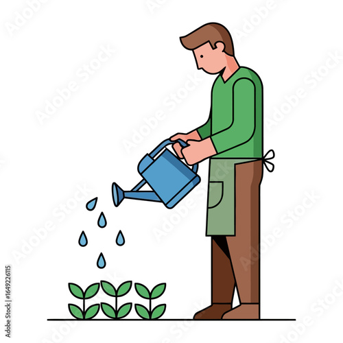 Nurturing Growth: A gardener carefully waters young seedlings, the drops of water nourishing the vibrant life of the garden.