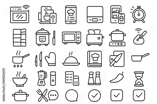 Kitchen utensils and appliances displayed in a minimalist style on a white background