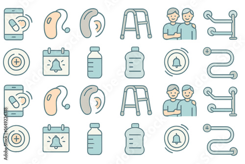 Icons representing healthcare tools and accessibility features for elderly and disabled individuals in a digital layout
