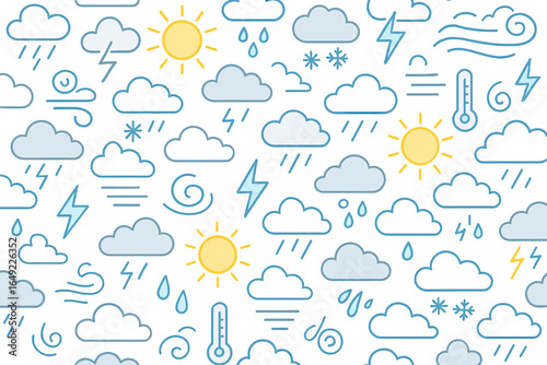 Weather patterns illustrated with sun, clouds, raindrops, and lightning in a colorful design