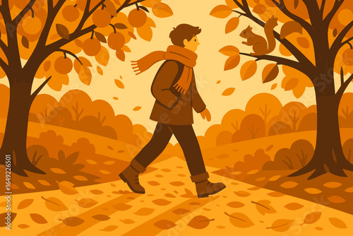 Autumn stroll in a colorful park, enjoying the vibrant leaves and playful squirrel