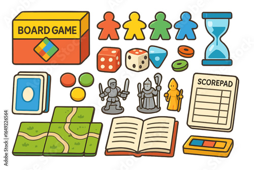 Board game elements displayed with colorful pieces and accessories for a fun tabletop experience