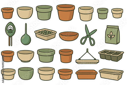 Variety of gardening pots, tools, and supplies arranged on a white background for planting and cultivation