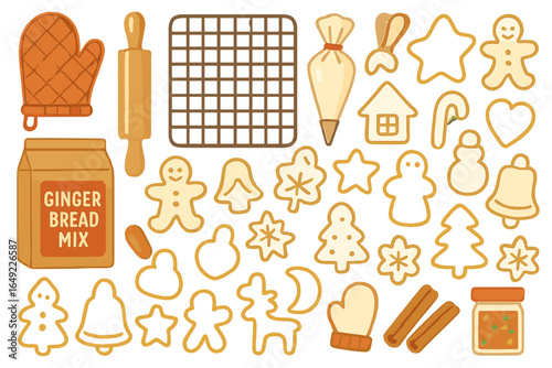 Gingerbread cookie preparation with baking tools and festive shapes arranged on a work surface