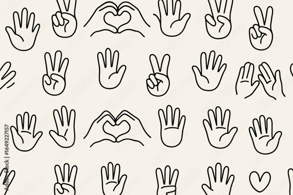 Fototapeta premium Hand gestures depicting peace, love, and unity in a creative pattern on a light background