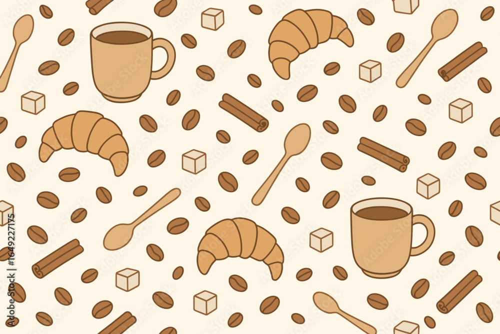 Obraz premium Delightful breakfast arrangement featuring coffee, croissants, and spices on a light background