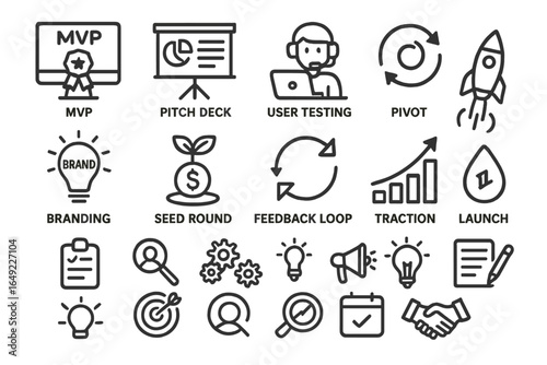 Dive into the startup world with essential terms and icons for innovation and growth strategies in a workspace setting