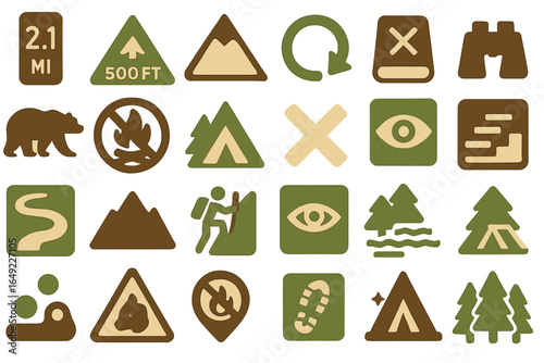 Collection of outdoor activity symbols used to guide hikers and campers in natural environments during daytime adventures