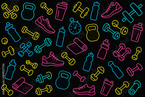Vibrant fitness and exercise equipment illustrations in neon colors on a dark background