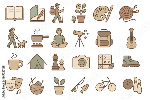 Exploring hobbies and activities through various icons representing interests, crafts, and nature at a creative fair