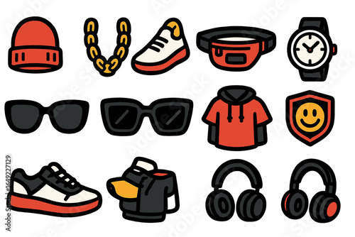 Fashion accessories and apparel collection featuring trendy streetwear elements and seasonal items