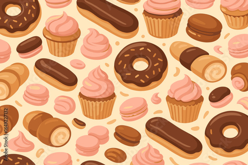 Delicious assortment of pastries and desserts spread across a colorful background