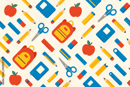 Colorful school supplies and apples arranged in a playful, repeating pattern on a light background