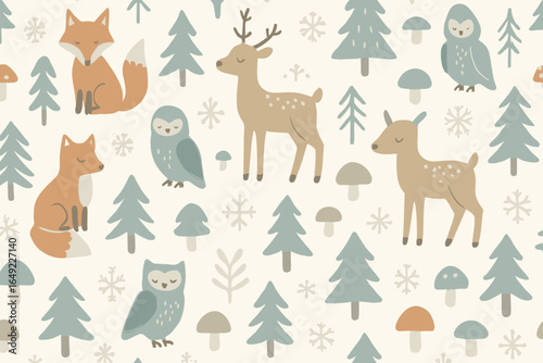 Woodland animals pattern featuring foxes, owls, deer, and mushrooms in soft colors on a light background