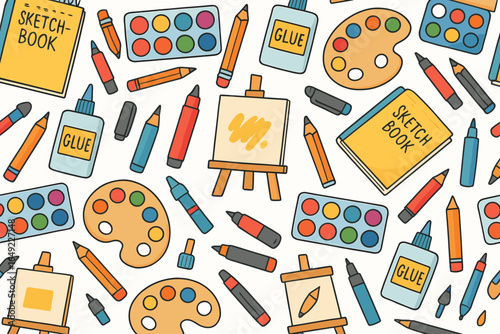 Art supplies scattered on a table with sketchbooks, paints, and glue in a creative workspace