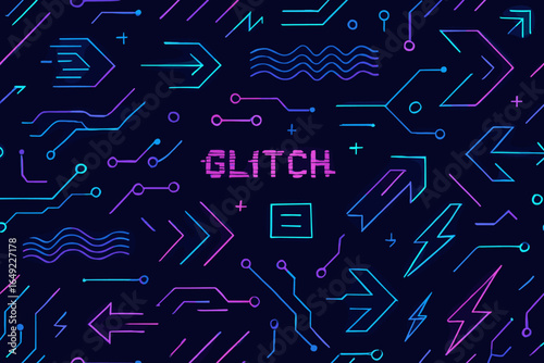 Abstract glitch art with neon patterns and text on dark background creates a vibrant digital aesthetic