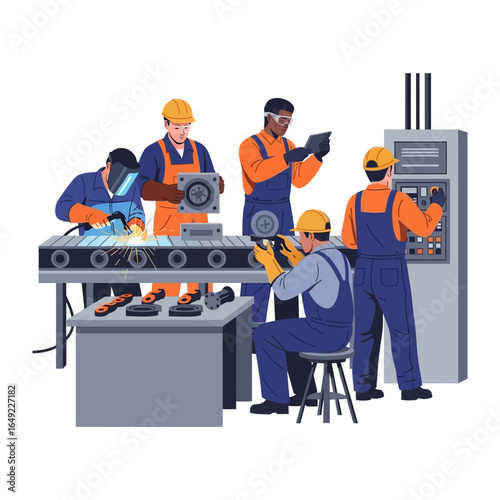 Factory Workers: A group of skilled workers diligently involved in a manufacturing process, each contributing their expertise to the assembly line, ensuring precision and efficiency.