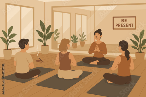 Group meditation session in a tranquil studio promoting mindfulness and relaxation among participants