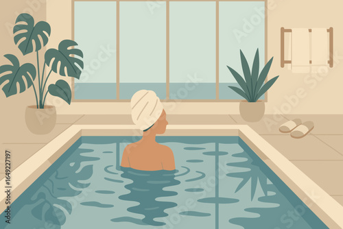 Relaxing in a serene indoor swimming pool with a view of nature during the afternoon