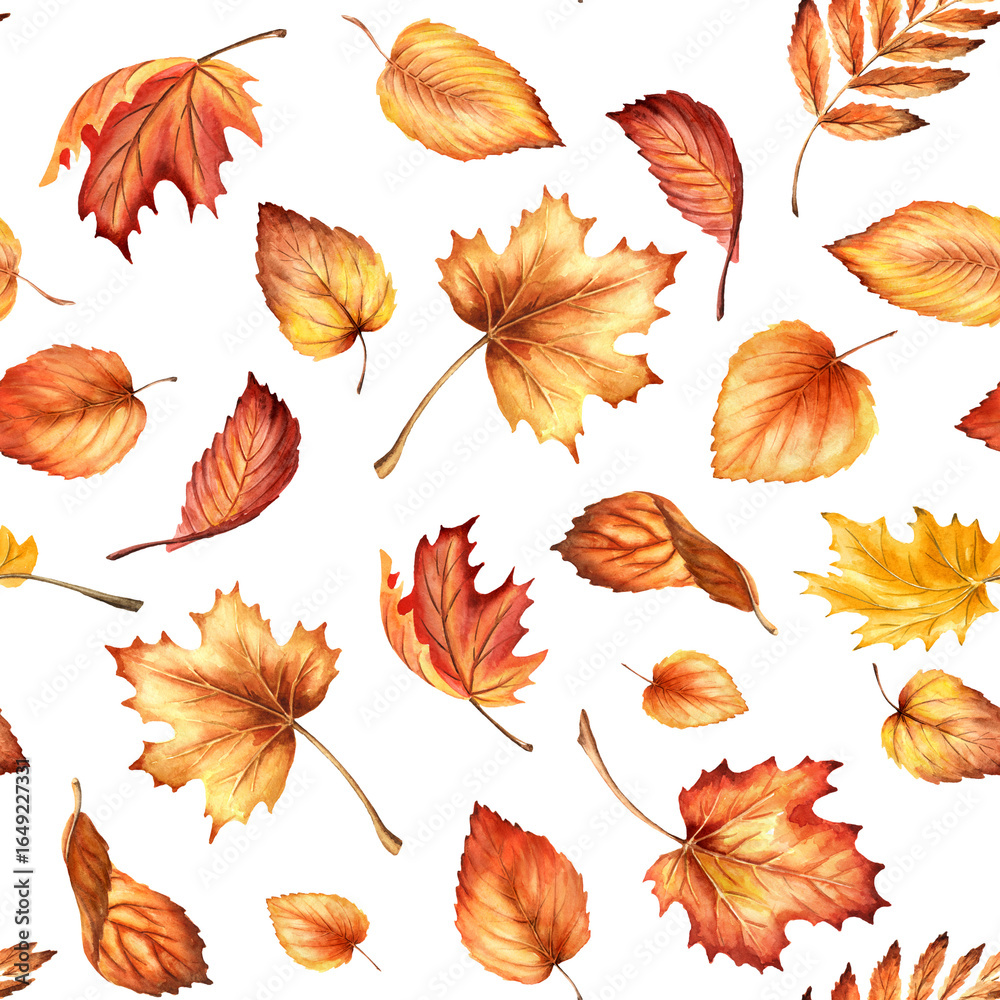Fototapeta premium Autumn colorful leaves seamless pattern. Hand drawn watercolor illustration, isolated on white background