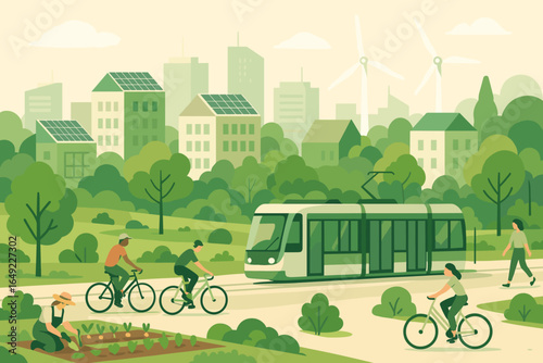 City park bustling with activity as cyclists share the path with a tram and gardeners nurture their plants