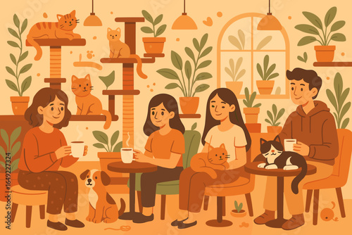 People enjoying drinks in a cozy cafe filled with cats and plants in a warm, inviting atmosphere during the afternoon
