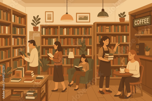 Bookshelves filled with books and people enjoying reading and coffee in a cozy cafe on a peaceful afternoon