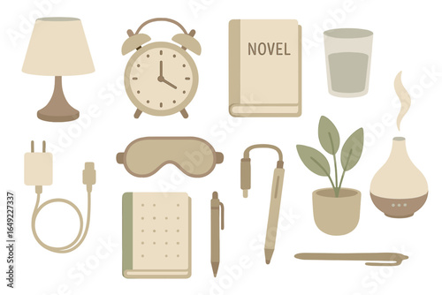 Cozy workspace setup featuring a lamp, clock, notebook, and various stationery items for productivity