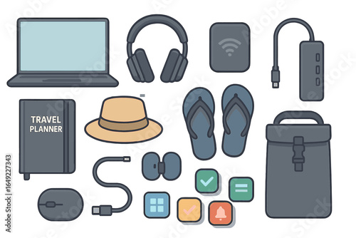 Travel essentials for a comfortable journey including laptop, headphones, and travel planner