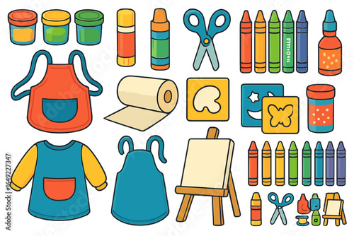 Art supplies and creative tools for children in a colorful arrangement ready for crafting activities
