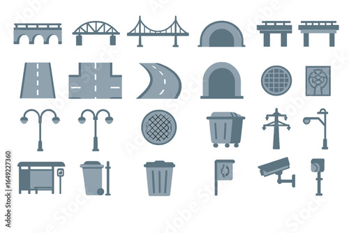 Urban infrastructure elements featured in a minimalist design showcasing bridges, roads, and city utilities
