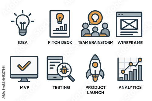 Startup business development icons set with lightbulb idea, pitch deck, team brainstorm, wireframe, MVP, testing, product launch, and analytics in modern outline style