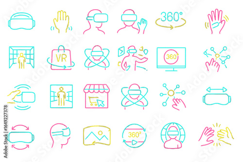 Set of neon VR and AR icons including virtual reality headsets, hand tracking, 360-degree views, immersive environments, and interactive elements in glowing blue, pink, and yellow outline style