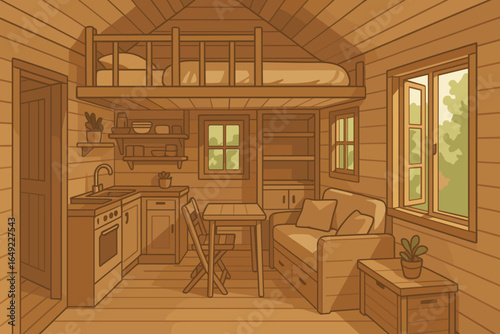 Cozy illustration of tiny house interior with loft bed, small kitchen, wooden furniture, dining table, sofa, potted plants, and warm natural light