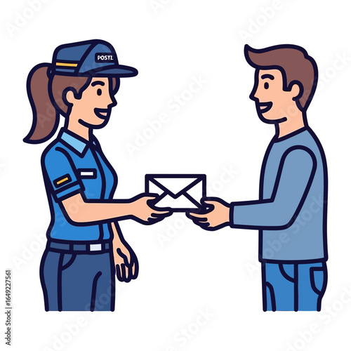 Mail Delivery Service: A friendly postal worker hands over an envelope to a recipient, emphasizing the personal touch of direct mail communication and timely delivery.