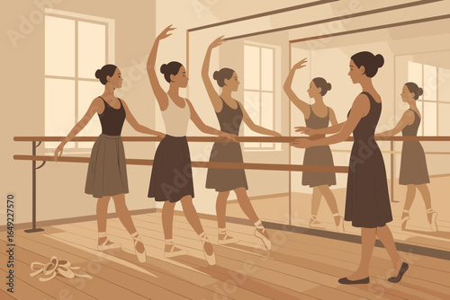 Ballet class illustration with dancers practicing at barre in mirrored studio, graceful ballerinas in skirts and leotards, warm neutral tones