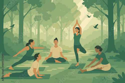 Illustration of group yoga session in forest with sunlight, meditation, stretching, and balance poses surrounded by nature and birds