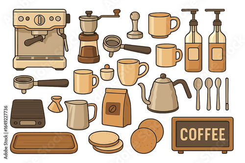 Coffee Shop Essentials Icons – Espresso Machine, Brewing Tools, and Accessories