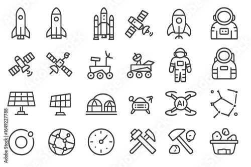 Minimal Black & White Space Exploration Icons – Rockets, Satellites, Astronauts, and Rovers
