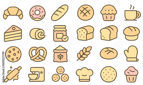 Bakery and pastry icons set with croissant, donut, baguette, bread loaf, muffin, coffee cup, cake slice, jam jar, toast, bun, cookie