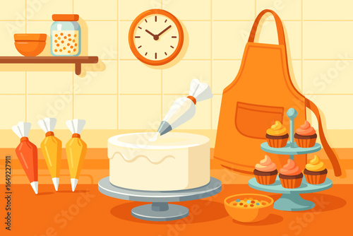 Baking a cake in a bright kitchen with colorful decorations