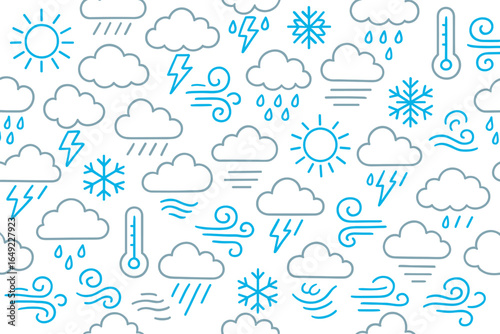 Weather icons representing various conditions such as sun, rain, snow, and storms in a colorful design