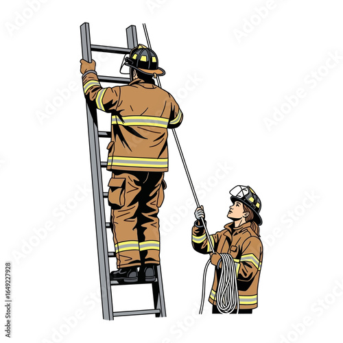 Bravery on the Rise: Two determined firefighters working together. One ascending a tall ladder while the other one provides support and rope.