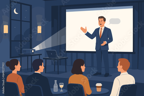 Business presentation at night with a speaker addressing an audience in a well-lit room