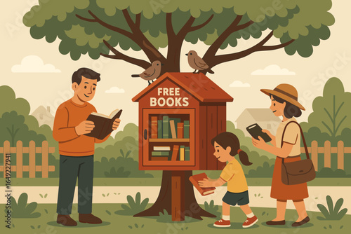 People enjoying a community book exchange in a park during a sunny afternoon in a friendly neighborhood
