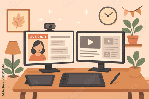 Modern workspace setup for live chat session with dual monitors and creative tools in a cozy room