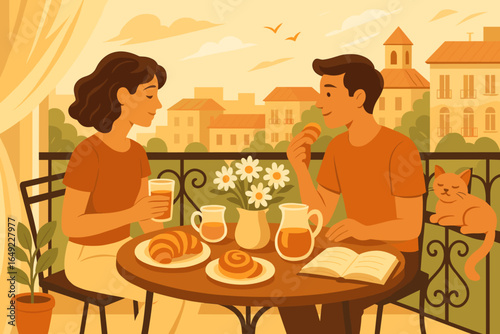 Couple enjoying breakfast with pastries and drinks on a balcony overlooking a charming cityscape in the morning light