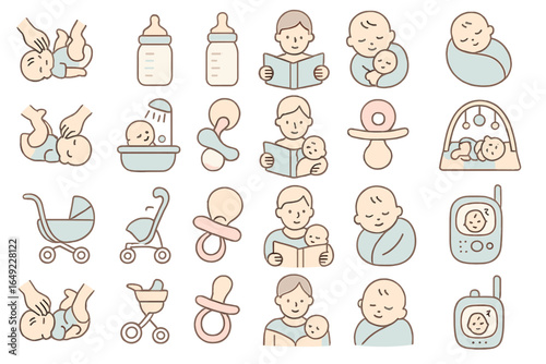 Illustrative collection of baby care activities and essentials featuring various icons and symbols